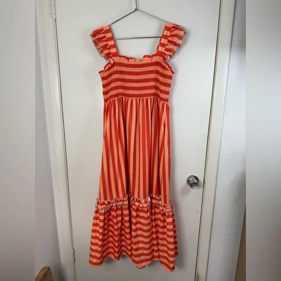 Crosby by Mollie Burch Wren dark  orange striped ruffle sleeve maxi dress L - Picture 6 of 8